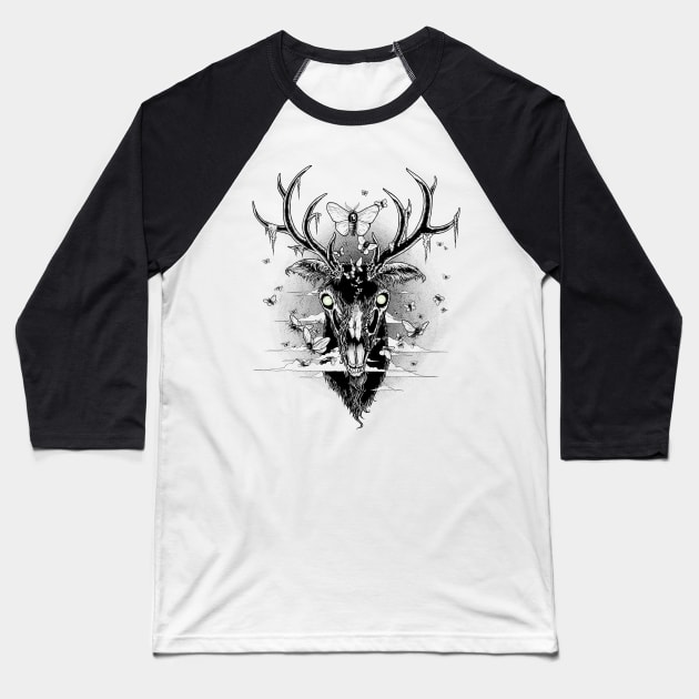 Moth Eaten Deer Head - One Color Baseball T-Shirt by scumbugg